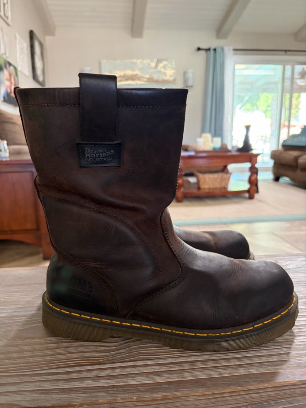 Dr. Martens Dark Brown Leather Pull-On Work Boots with Yellow Stitching 13 EW